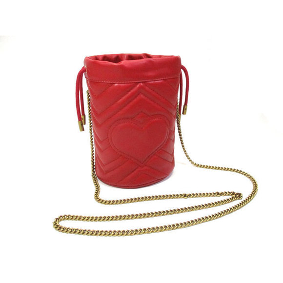 Gucci Leather Quilted Bag Red Mini Bucket GG Marmont - Picture 1 of 8
